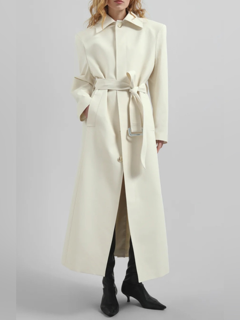 The Frankie Shop Cream Long Trench Coat with Waist Tie
